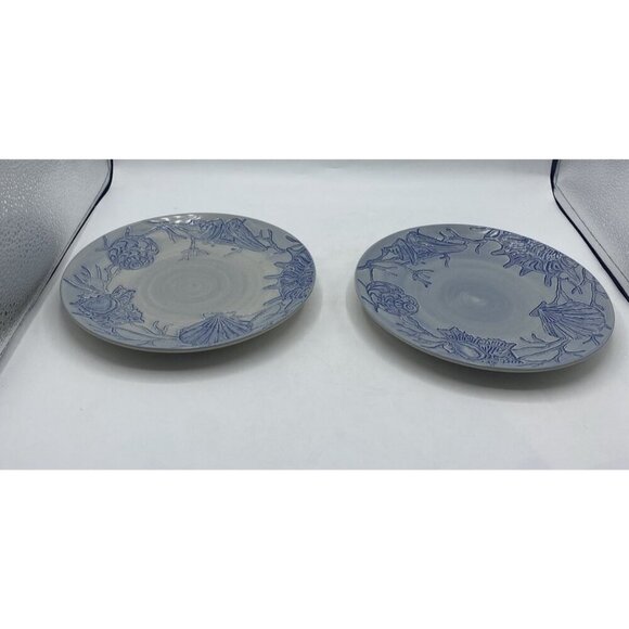 Pottery Barn Salad Plate Dessert Blue Shell Ocean Beach Coastal Coral  8" Lot 2 - Picture 4 of 13
